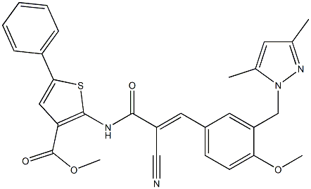 (E)-methyl 2-(2-cyano-3-(3-((3,5-dimethyl-1H-pyrazol-1-yl)methyl)-4-methoxyphenyl)acrylamido)-5-phenylthiophene-3-carboxylate Struktur