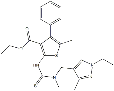 ethyl 2-(3-((1-ethyl-3-methyl-1H-pyrazol-4-yl)methyl)-3-methylthioureido)-5-methyl-4-phenylthiophene-3-carboxylate Struktur