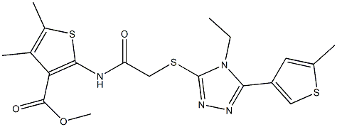 methyl 2-(2-((4-ethyl-5-(5-methylthiophen-3-yl)-4H-1,2,4-triazol-3-yl)thio)acetamido)-4,5-dimethylthiophene-3-carboxylate Struktur