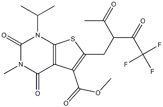 methyl 6-(2-acetyl-4,4,4-trifluoro-3-oxobutyl)-1-isopropyl-3-methyl-2,4-dioxo-1,2,3,4-tetrahydrothieno[2,3-d]pyrimidine-5-carboxylate Struktur