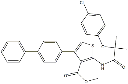 methyl 4-([1,1'-biphenyl]-4-yl)-2-(2-(4-chlorophenoxy)-2-methylpropanamido)thiophene-3-carboxylate Struktur