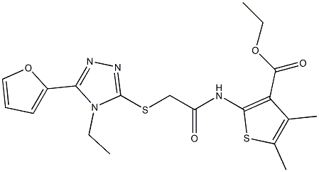 ethyl 2-(2-((4-ethyl-5-(furan-2-yl)-4H-1,2,4-triazol-3-yl)thio)acetamido)-4,5-dimethylthiophene-3-carboxylate Struktur