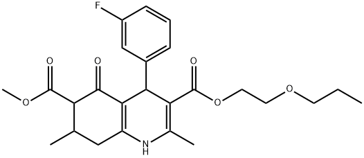 6-methyl 3-(2-propoxyethyl) 4-(3-fluorophenyl)-2,7-dimethyl-5-oxo-1,4,5,6,7,8-hexahydroquinoline-3,6-dicarboxylate Struktur