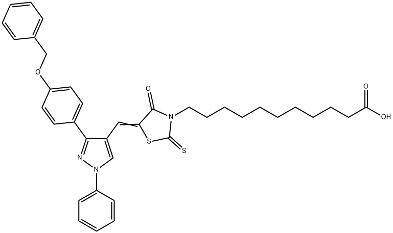 (Z)-11-(5-((3-(4-(benzyloxy)phenyl)-1-phenyl-1H-pyrazol-4-yl)methylene)-4-oxo-2-thioxothiazolidin-3-yl)undecanoic acid Struktur