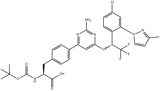 (S)-3-(4-(2-amino-6-((R)-1-(4-chloro-2-(3-methyl-1H-pyrazol-1-yl)phenyl)-2,2,2-trifluoroethoxy)pyrimidin-4-yl)phenyl)-2-(tert-butoxycarbonyl)propanoic acid Struktur