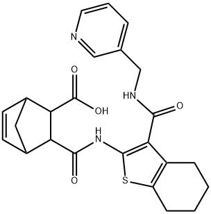 3-((3-((pyridin-3-ylmethyl)carbamoyl)-4,5,6,7-tetrahydrobenzo[b]thiophen-2-yl)carbamoyl)bicyclo[2.2.1]hept-5-ene-2-carboxylic acid Struktur