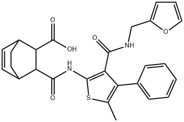 3-((3-((furan-2-ylmethyl)carbamoyl)-5-methyl-4-phenylthiophen-2-yl)carbamoyl)bicyclo[2.2.2]oct-5-ene-2-carboxylic acid Struktur