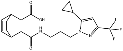 3-((3-(5-cyclopropyl-3-(trifluoromethyl)-1H-pyrazol-1-yl)propyl)carbamoyl)bicyclo[2.2.2]oct-5-ene-2-carboxylic acid Struktur