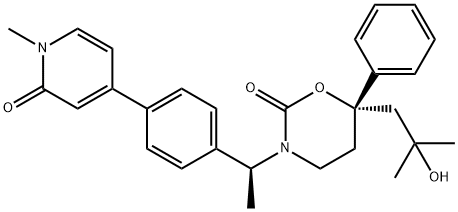 (S)-6-(2-hydroxy-2-methyl-propyl)-3-{(S)-1-[4-(1-methyl-2-oxo-1,2-dihydro-pyridin-4-yl)-phenyl]-ethyl}-6-phenyl-[1,3]oxazinan-2-one Struktur