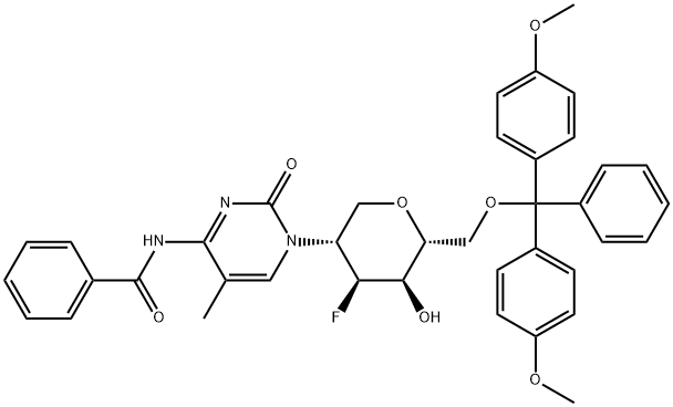 N-(1-((3R,4S,5R,6R)-6-((Bis(4-methoxyphenyl)(phenyl)methoxy)methyl)-4-fluoro-5-hydroxytetrahydro-2H-pyran-3-yl)-5-methyl-2-oxo-1,2-dihydropyrimidin-4-yl)benzamide Struktur