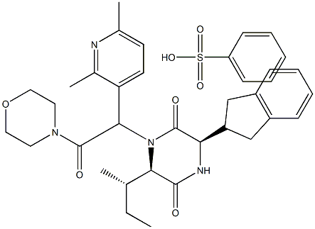 (3R,6R)-3-(2,3-dihydro-1H-inden-2-yl)-1-[(1R)-1-(2,6-dimethyl-3-pyridinyl)-2-(4-morpholinyl)-2-oxoethyl]-6-[(1S)-1-methylpropyl]-2,5-piperazinedione benzenesulfonic acid Struktur