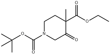 1,4-Piperidinedicarboxylic acid, 4-methyl-3-oxo-, 1-(1,1-dimethylethyl) 4-ethyl ester Struktur