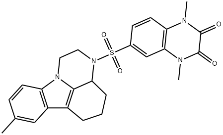 1,4-dimethyl-6-((8-methyl-3a,4,5,6-tetrahydro-1H-pyrazino[3,2,1-jk]carbazol-3(2H)-yl)sulfonyl)quinoxaline-2,3(1H,4H)-dione Struktur