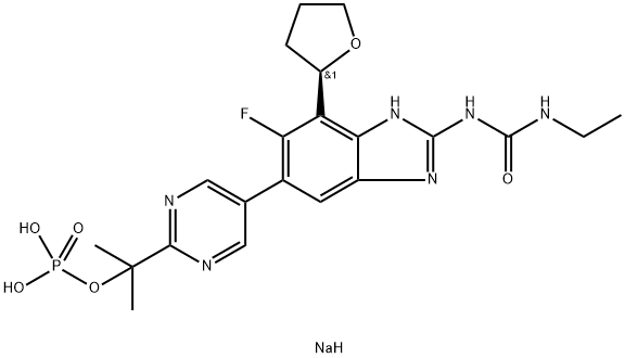 sodium(R)-2-(5-(2-(3-ethylureido)-6-fluoro-7-(tetrahydrofuran-2-yl)-1H-benzo[d]imidazol-5-yl)pyrimidin-2-yl)propan-2-ylphosphate Struktur