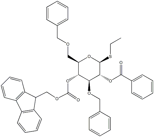 Ethyl 3,6-bis-O-(phenylmethyl)-1-thio-beta-D-glucopyranoside 2-benzoate 4-(9H-fluoren-9-ylmethyl carbonate) Struktur