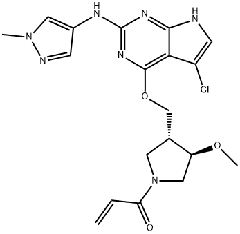 1-((3R,4R)-3-(((5-chloro-2-((1-methyl-1H-pyrazol-4-yl)amino)-7H-pyrrolo[2,3-d]pyrimidin-4-yl)oxy)methyl)-4-methoxypyrrolidin-1-yl)prop-2-en-1-one Struktur