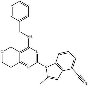 1-(4-(benzylamino)-7,8-dihydro-5H-pyrano[4,3-d]pyrimidin-2-yl)-2-methyl-1H-indole-4-carbonitrile Struktur