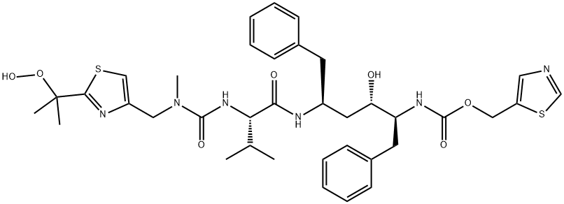 (3S,4S,6S,9S)-13-[2-(1-Hydroperoxy-1-methylethyl)-4-thiazolyl]-4-hydroxy-12-methyl-9-(1-methylethyl)-8,11-dioxo-3,6-bis(phenylmethyl)-2,7,10,12-tetraazatridecanoic Acid 5-thiazolylmethyl Ester Struktur