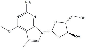 (2R,3S,5R)-5-(2-amino-5-iodo-4-methoxy-7H-pyrrolo[2,3-d]pyrimidin-7-yl)-2-(hydroxymethyl)tetrahydrofuran-3-ol Struktur