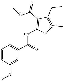 methyl 4-ethyl-2-(3-methoxybenzamido)-5-methylthiophene-3-carboxylate Struktur