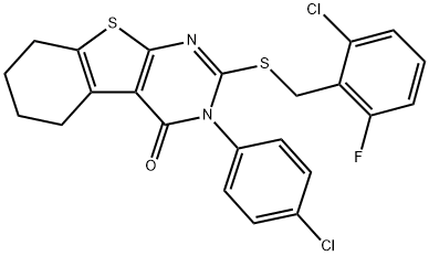 2-[(2-chloro-6-fluorobenzyl)sulfanyl]-3-(4-chlorophenyl)-5,6,7,8-tetrahydro[1]benzothieno[2,3-d]pyrimidin-4(3H)-one Struktur