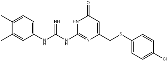 1-(4-{[(4-chlorophenyl)sulfanyl]methyl}-6-oxo-1,6-dihydropyrimidin-2-yl)-3-(3,4-dimethylphenyl)guanidine Struktur