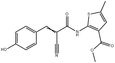 (E)-methyl 2-(2-cyano-3-(4-hydroxyphenyl)acrylamido)-5-methylthiophene-3-carboxylate Struktur