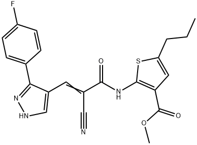 (E)-methyl 2-(2-cyano-3-(3-(4-fluorophenyl)-1H-pyrazol-4-yl)acrylamido)-5-propylthiophene-3-carboxylate Struktur