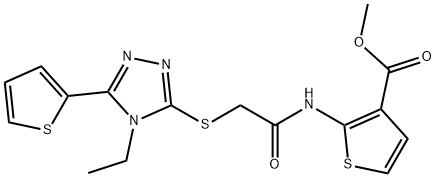 methyl 2-(2-((4-ethyl-5-(thiophen-2-yl)-4H-1,2,4-triazol-3-yl)thio)acetamido)thiophene-3-carboxylate Struktur