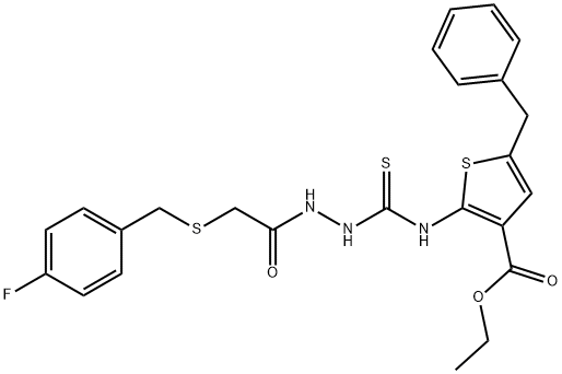 ethyl 5-benzyl-2-(2-(2-((4-fluorobenzyl)thio)acetyl)hydrazinecarbothioamido)thiophene-3-carboxylate Struktur