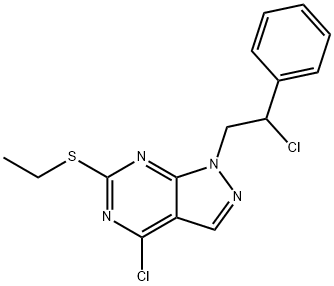 4-Chloro-1-(2-chloro-2-phenylethyl)-6-(ethylthio)-1H-pyrazolo[3,4-d]pyrimidine Struktur