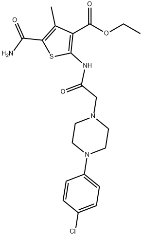 ethyl 5-carbamoyl-2-(2-(4-(4-chlorophenyl)piperazin-1-yl)acetamido)-4-methylthiophene-3-carboxylate Struktur