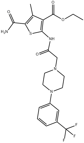 ethyl 5-carbamoyl-4-methyl-2-(2-(4-(3-(trifluoromethyl)phenyl)piperazin-1-yl)acetamido)thiophene-3-carboxylate Struktur