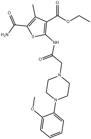 ethyl 5-carbamoyl-2-(2-(4-(2-methoxyphenyl)piperazin-1-yl)acetamido)-4-methylthiophene-3-carboxylate Struktur