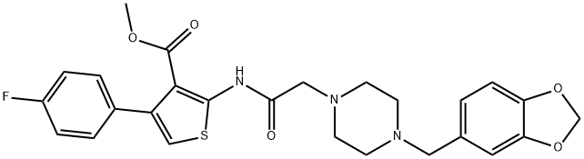 methyl 2-(2-(4-(benzo[d][1,3]dioxol-5-ylmethyl)piperazin-1-yl)acetamido)-4-(4-fluorophenyl)thiophene-3-carboxylate Struktur