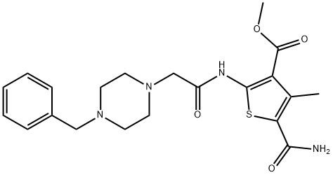 methyl 2-(2-(4-benzylpiperazin-1-yl)acetamido)-5-carbamoyl-4-methylthiophene-3-carboxylate Struktur