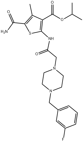 isopropyl 5-carbamoyl-2-(2-(4-(3-fluorobenzyl)piperazin-1-yl)acetamido)-4-methylthiophene-3-carboxylate Struktur