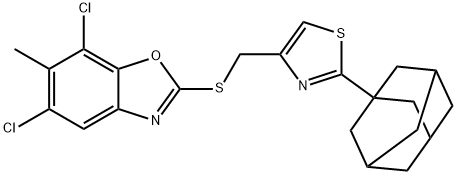 5,7-dichloro-6-methyl-2-({[2-(tricyclo[3.3.1.1~3,7~]dec-1-yl)-1,3-thiazol-4-yl]methyl}sulfanyl)-1,3-benzoxazole Struktur