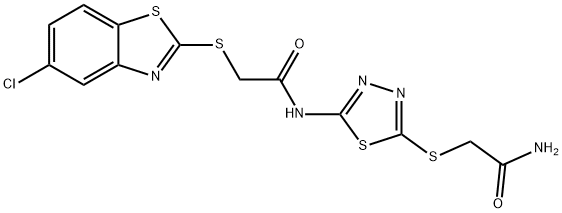 N-{5-[(2-amino-2-oxoethyl)sulfanyl]-1,3,4-thiadiazol-2-yl}-2-[(5-chloro-1,3-benzothiazol-2-yl)sulfanyl]acetamide Struktur