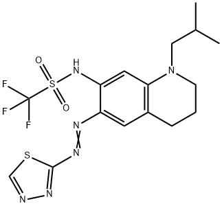 1,1,1-Trifluoro-N-[1,2,3,4-tetrahydro-1-(2-methylpropyl)-6-[2-(1,3,4-thiadiazol-2-yl)diazenyl]-7-quinolinyl]methanesulfonamide Struktur