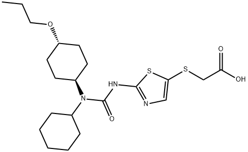 2-((2-(3-cyclohexyl-3-((1r,4r)-4-propoxycyclohexyl)ureido)thiazol-5-yl)thio)aceticacid Struktur