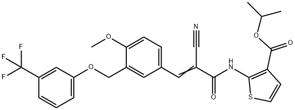 (E)-isopropyl 2-(2-cyano-3-(4-methoxy-3-((3-(trifluoromethyl)phenoxy)methyl)phenyl)acrylamido)thiophene-3-carboxylate Struktur