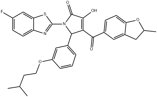 1-(6-fluorobenzo[d]thiazol-2-yl)-3-hydroxy-5-(3-(isopentyloxy)phenyl)-4-(2-methyl-2,3-dihydrobenzofuran-5-carbonyl)-1H-pyrrol-2(5H)-one Struktur