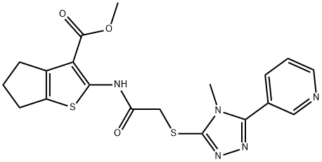 methyl 2-(2-((4-methyl-5-(pyridin-3-yl)-4H-1,2,4-triazol-3-yl)thio)acetamido)-5,6-dihydro-4H-cyclopenta[b]thiophene-3-carboxylate Struktur