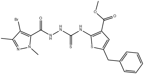 methyl 5-benzyl-2-(2-(4-bromo-1,3-dimethyl-1H-pyrazole-5-carbonyl)hydrazinecarbothioamido)thiophene-3-carboxylate Struktur