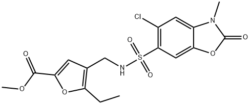 methyl 4-((5-chloro-3-methyl-2-oxo-2,3-dihydrobenzo[d]oxazole-6-sulfonamido)methyl)-5-ethylfuran-2-carboxylate Struktur