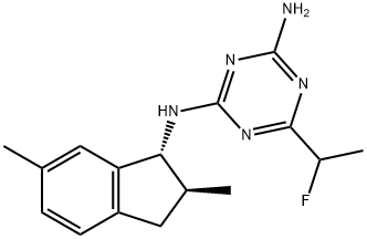 N-[(1R,2S)-2,3-Dihydro-2,6-dimethyl-1H-inden-1-yl]-6-[(1RS)-1-fluoroethyl]-1,3,5-triazine-2,4-diamine Struktur