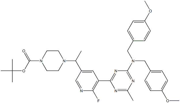 tert-butyl 4-(1-(5-(4-(bis(4-methoxybenzyl)amino)-6-methyl-1,3,5-triazin-2-yl)-6-fluoropyridin-3-yl)ethyl)piperazine-1-carboxylate Struktur