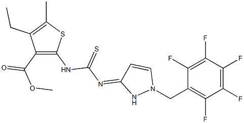 methyl 4-ethyl-5-methyl-2-(3-(1-((perfluorophenyl)methyl)-1H-pyrazol-3(2H)-ylidene)thioureido)thiophene-3-carboxylate Struktur