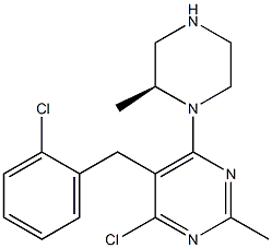 (S)-4-chloro-5-(2-chlorobenzyl)-2-methyl-6-(2-methylpiperazin-1-yl)pyrimidine Struktur